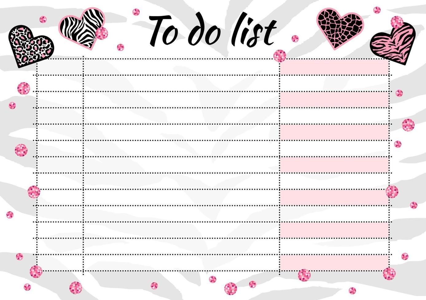 Creative to do list with heart animal texture and pink glitter sparkles. Stylish fashion organizer and schedule. Planner template for print, wedding, school. Vector illustration.