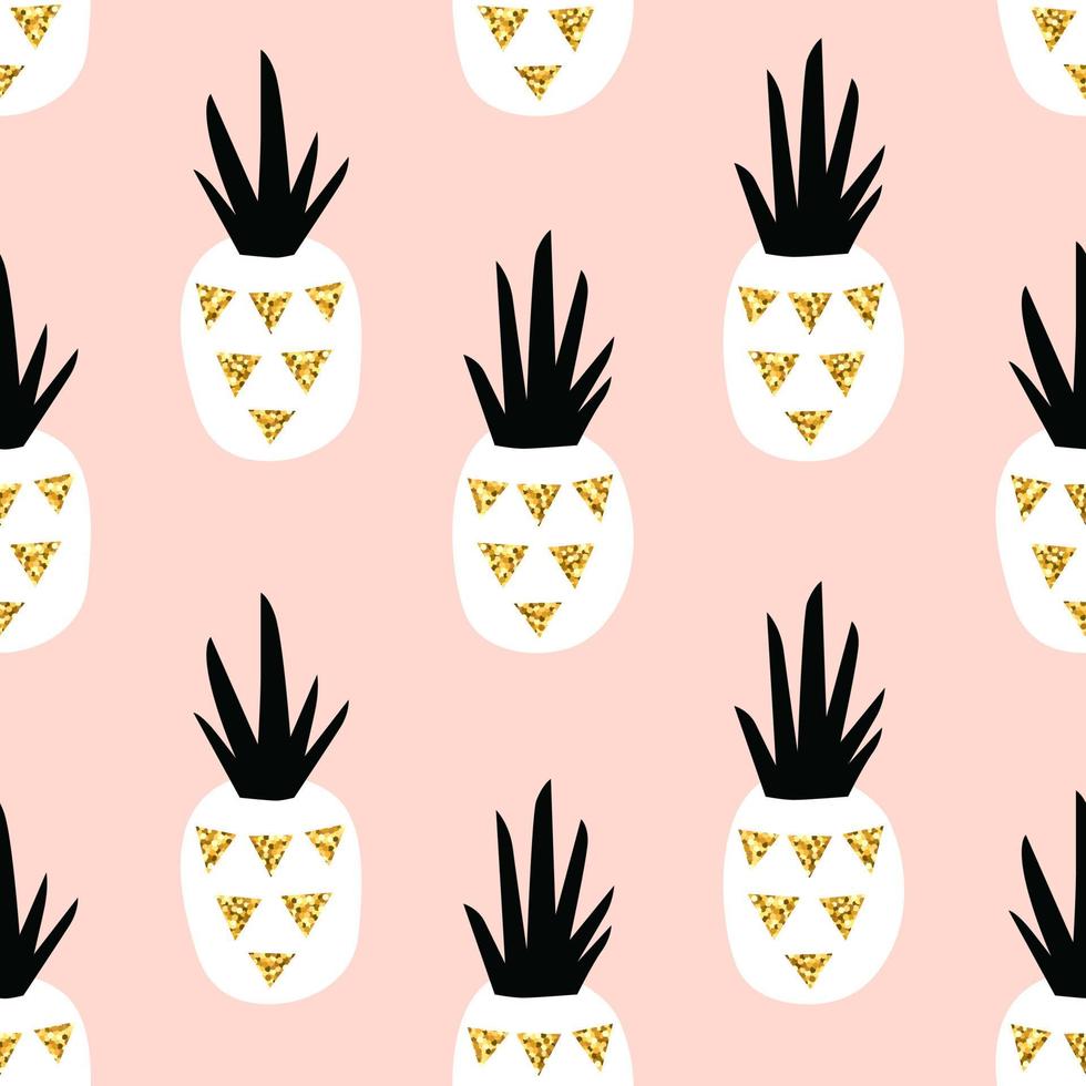 Pineapple seamless pattern in scandinavian style. Gold glitter texture. Vector illustration with hand drawn cute pineapple.