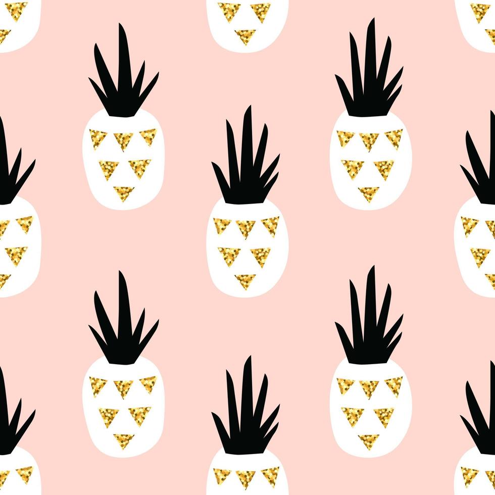 Pineapple seamless pattern in scandinavian style. Gold glitter texture. Vector illustration with hand drawn cute pineapple.