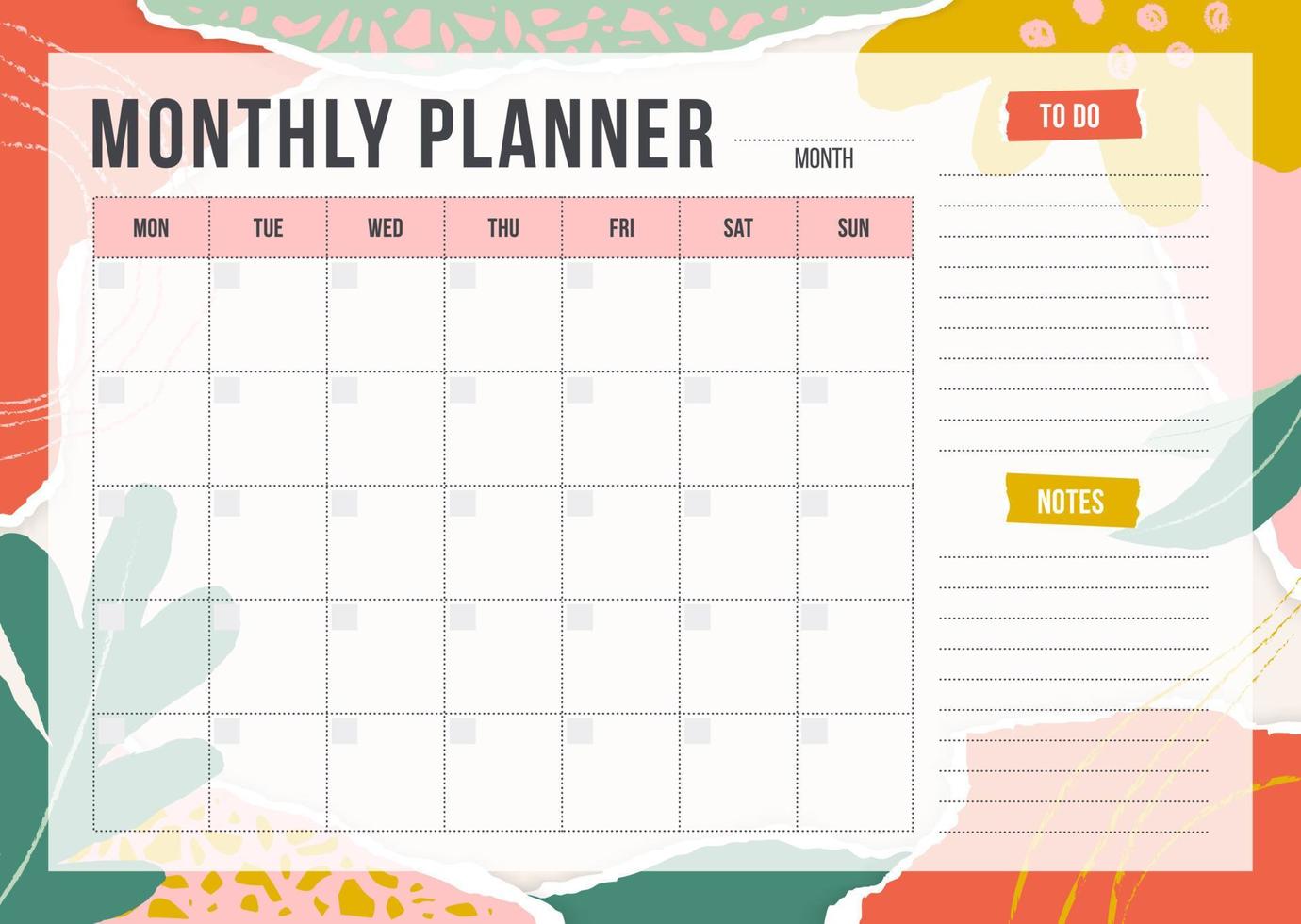 Floral monthly planning template with pieces of torn paper, flower and chalk line. Blank monthly planner with notes in pastel colors. Simple stylish organizer design. Vector illustration