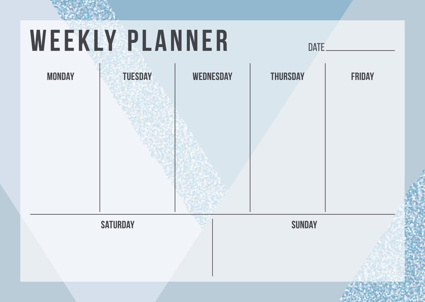 Weekly planning template with notes on geometric background in blue and glitter color. Stylish organizer design. Vector illustration