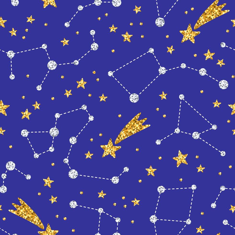 patrón mágico sin costuras con constelaciones brillantes de oro y plata. fondo de estrellas y constelaciones del zodiaco sobre fondo azul. vector