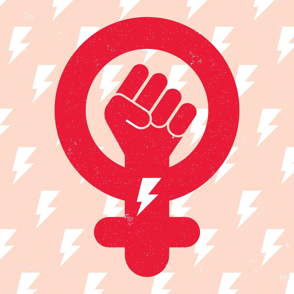 Symbol of feminist movement on lightning background. Woman hand with her fist raised up. Girl Power concept. Vector illustration