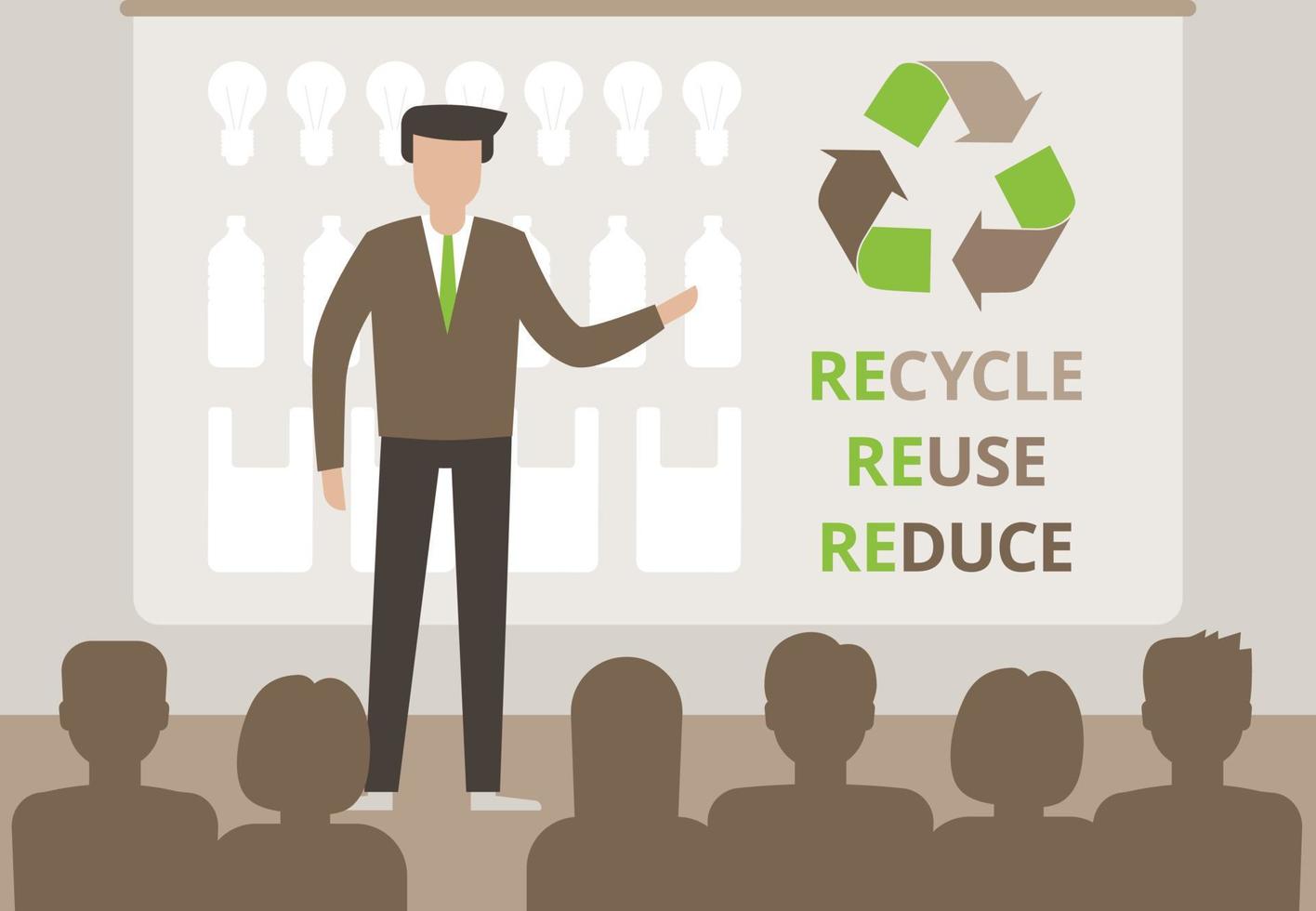 Speaker doing presentation on ecological conference. Waste problem creative concept. Reduce Reuse Recycle. Vector illustration flat style