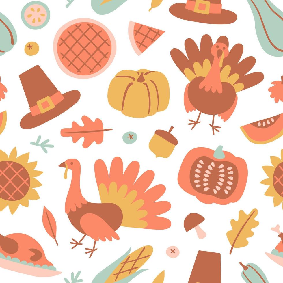 Happy Thanksgiving Day seamless pattern with holiday objects in flat style. Hand drawn  background with pumpkin, turkey, pie in pastel color. Vector illustration for design, fabric or wrapping paper.