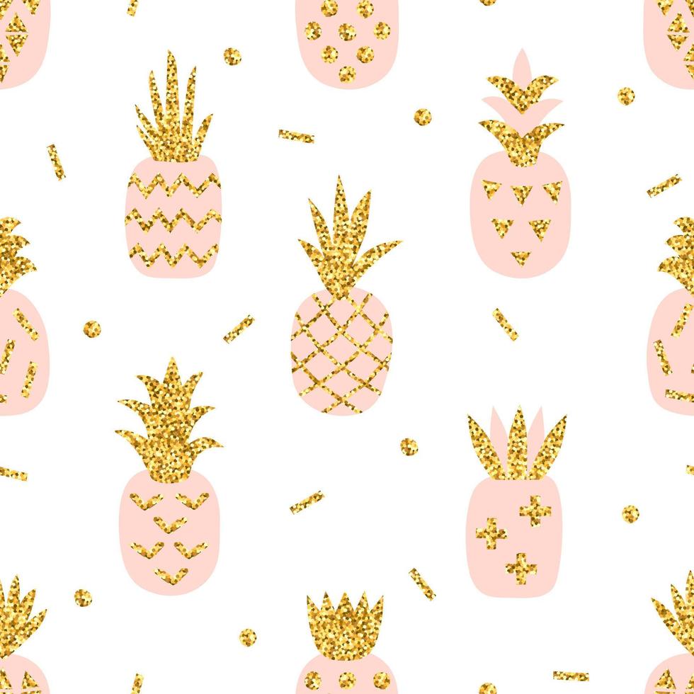 patrón creativo sin costuras de piña rosa con textura de brillo dorado. fondo con estilo escandinavo. ilustración vectorial con piña linda dibujada a mano. impresión de moda vector