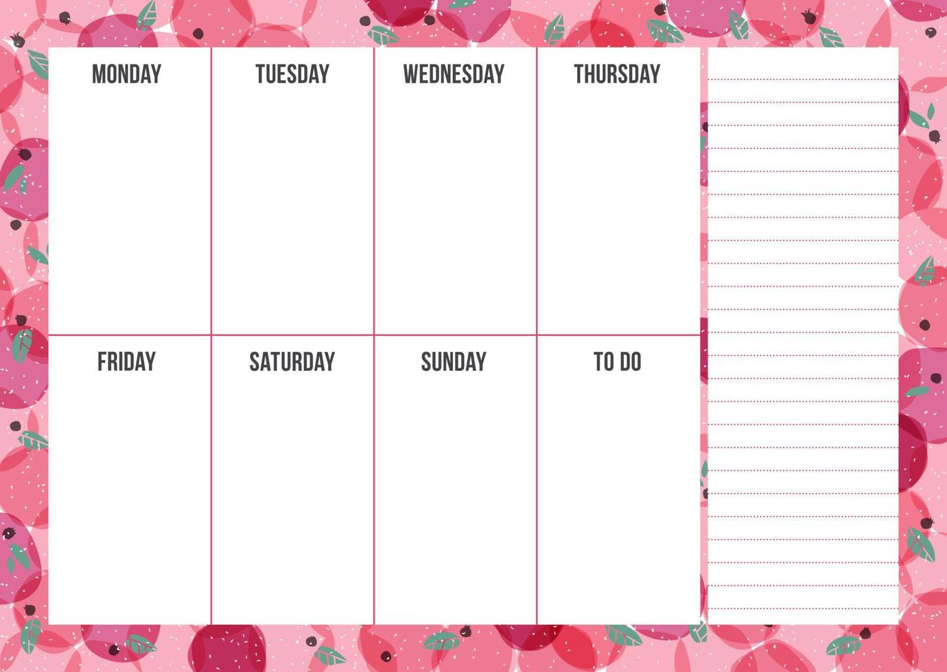 Abstract weekly planning template with notes on berry background in bright color. Modern organizer design on food backdrop with stamp effect. Vector illustration