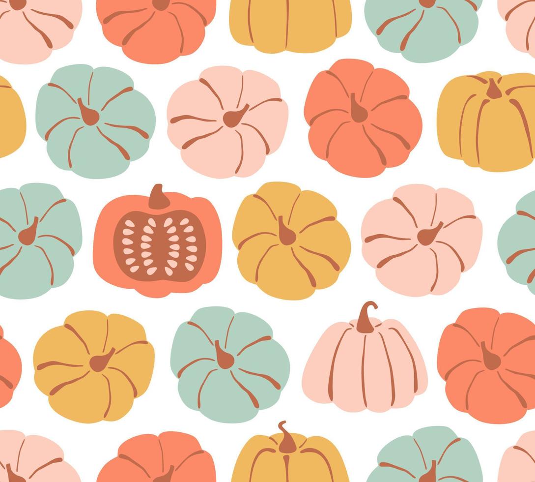 Seamless pattern with hand drawn cute pumpkin in cartoon style. Flat pastel background of pumpkins and squash. Autumn texture for thanksgiving, harvest and halloween. Vector Illustration