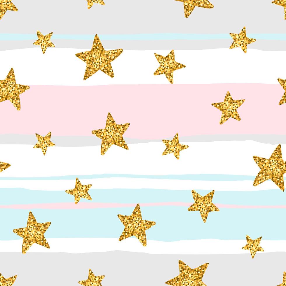 Seamless pattern with gold glittering stars on stripe background. Vector illustration for print, scrapbook or wrapping paper