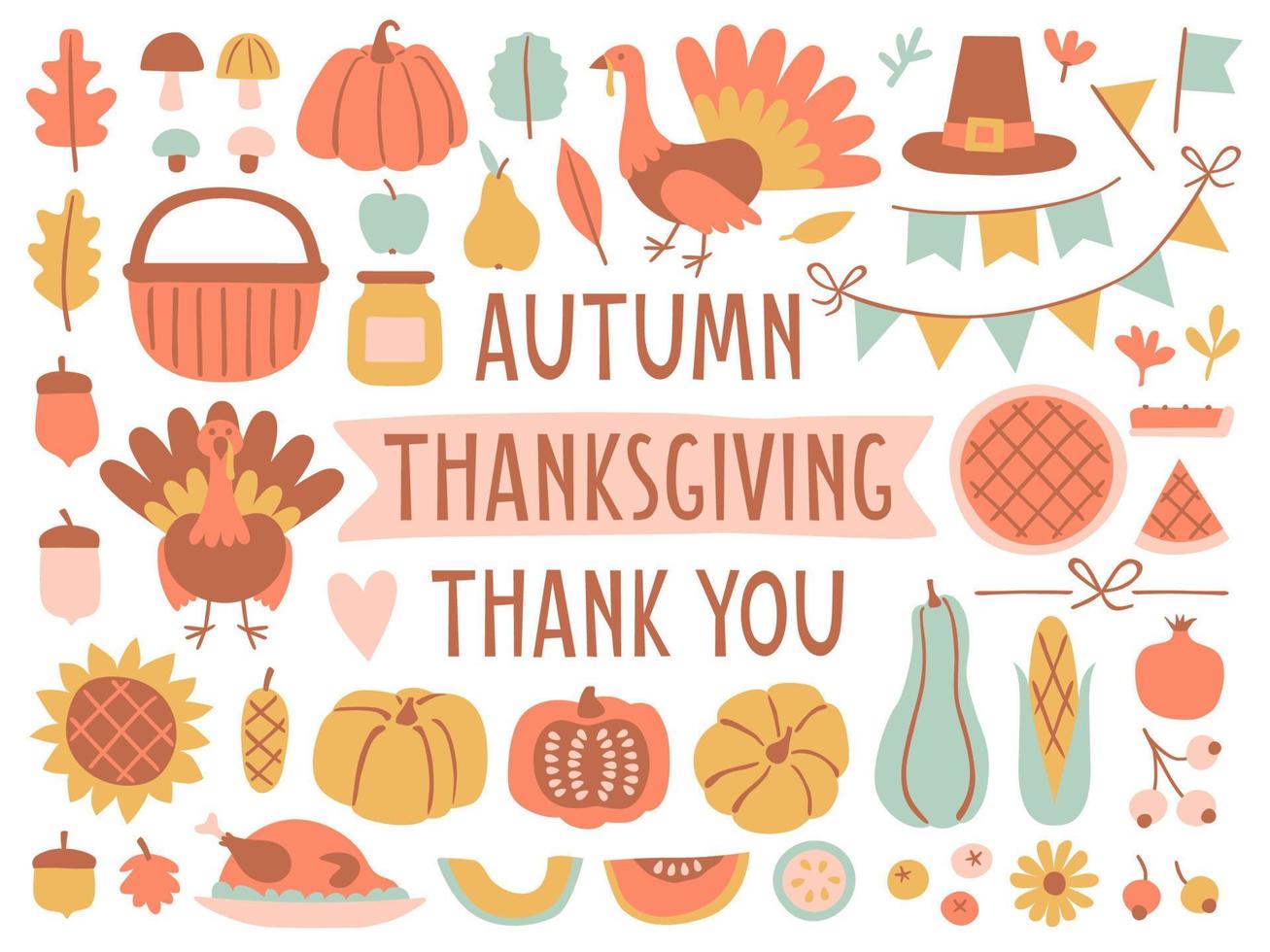 Set of high quality hand drawn Kawaii Thanksgiving clipart