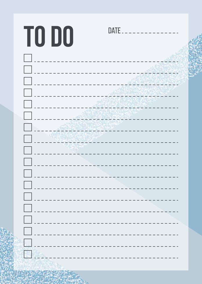 Fashion To Do List template with place for thing and date on geometric background. Blank planner with notes in blue and glitter color. Stylish organizer design. Vector illustration