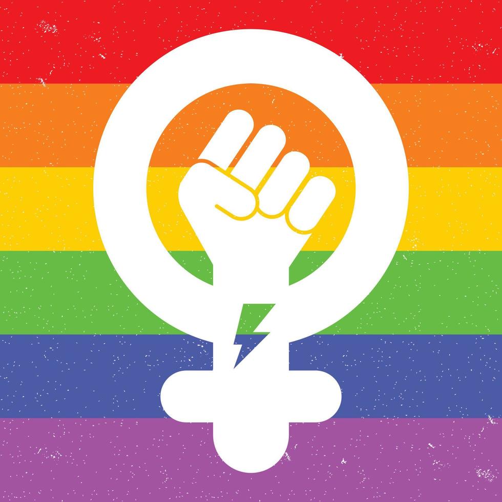 Symbol of feminist movement on rainbow background. Icon of female gender. Woman hand with her fist raised up. Girl Power concept. Vector illustration