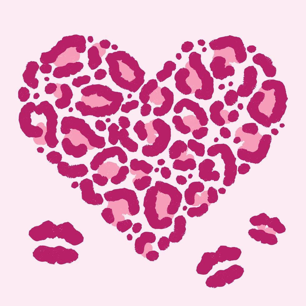 Leopard skin in shape of heart with kiss print. Trendy animal print. Fashion vector illustration.