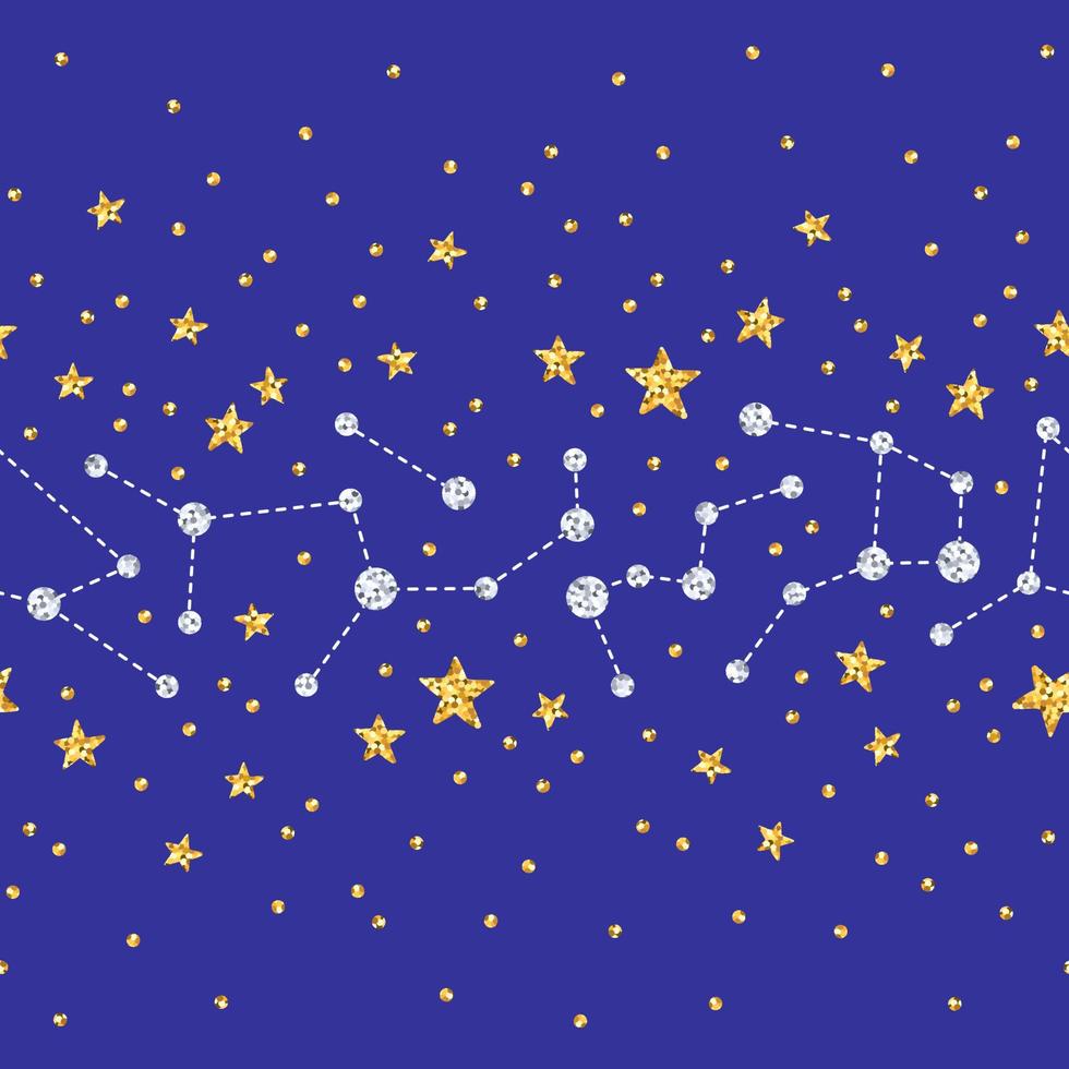 patrón mágico sin costuras con constelaciones brillantes de oro y plata. fondo de estrellas y constelaciones del zodiaco sobre fondo azul. vector