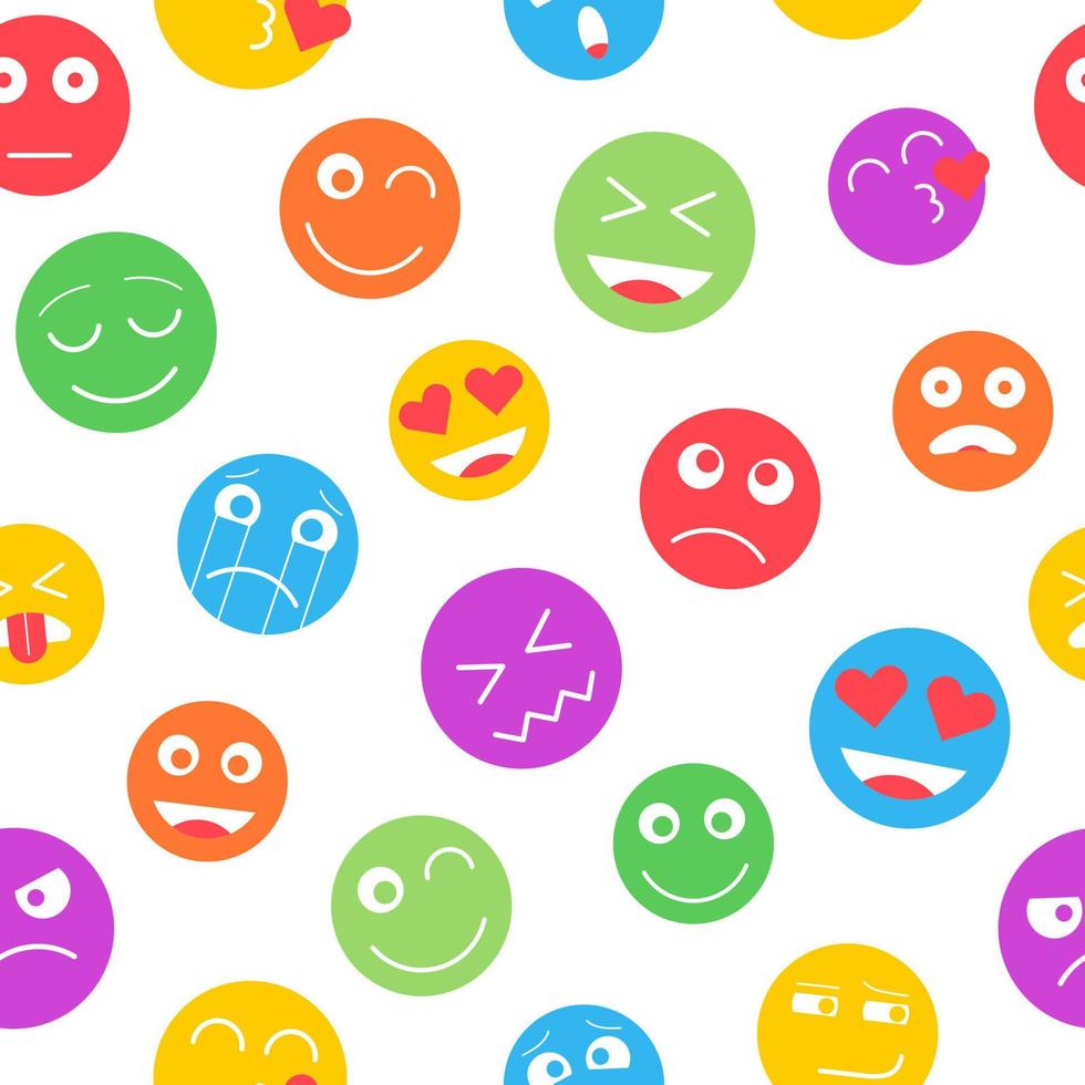 Colorful emoji seamless pattern on white background. Sticker with emoticons isolated on white background. Emoji background white icons in flat style. Vector illustration