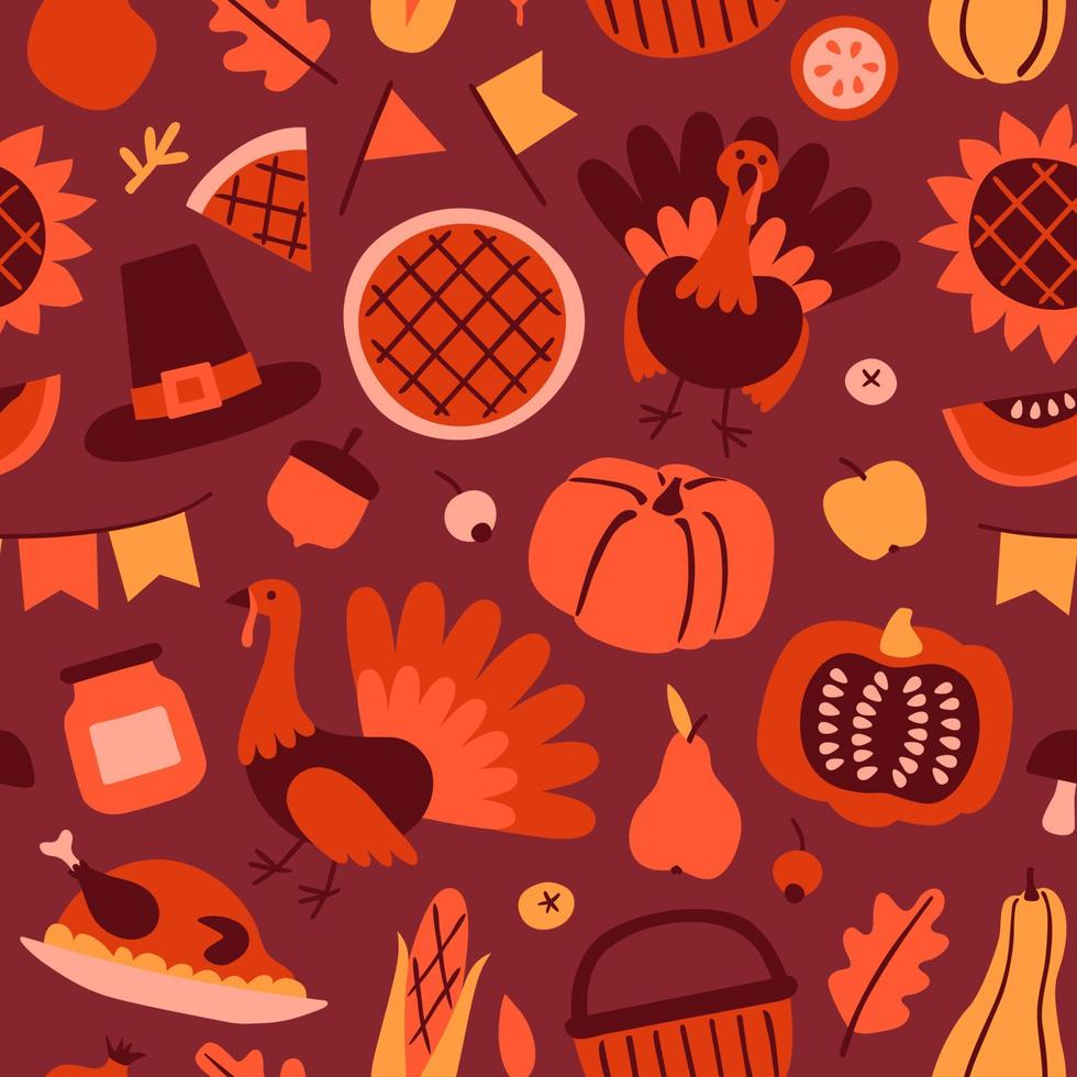 Happy Thanksgiving Day seamless pattern with holiday objects in scandinavian style. Hand drawn flat background with cartoon pumpkin, turkey, pie and fruit. Vector illustration