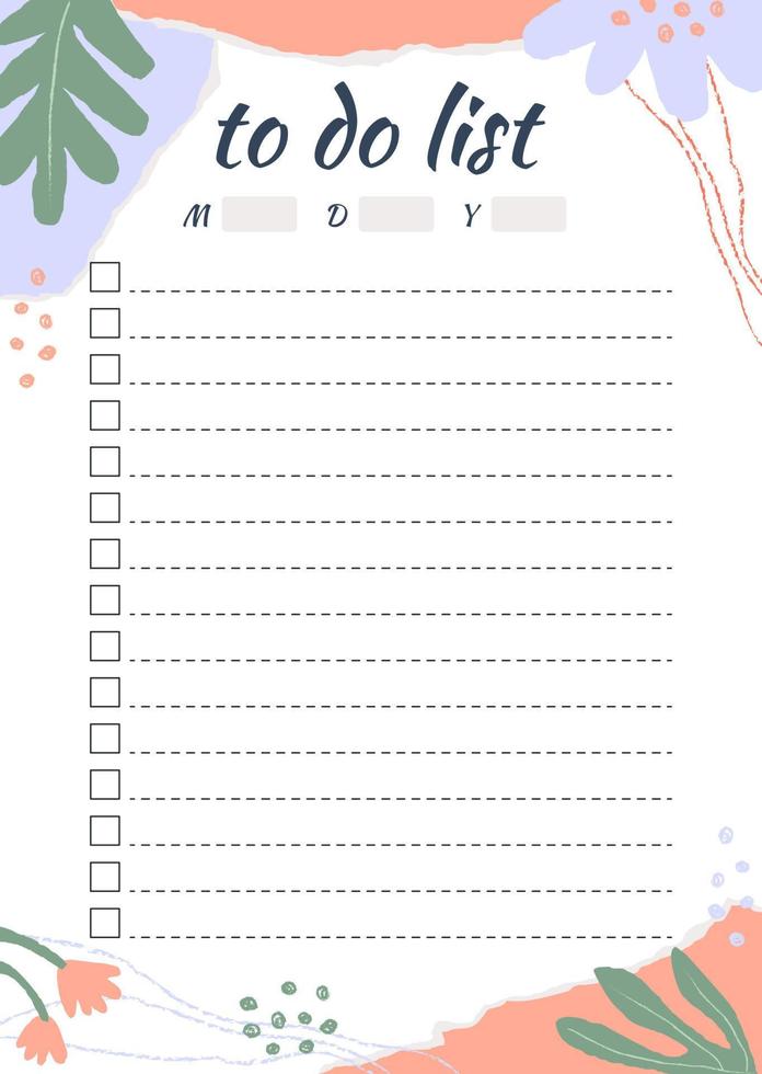 Floral To Do List template with pieces of torn paper, flower and chalk line. Blank weekly planner with notes in pastel colors. Minimal organizer design. Vector illustration