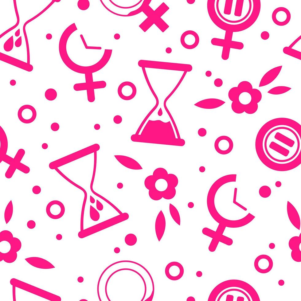 Seamless vector pattern with pink female gender icon. Medical symbol with blood drops, hourglass and pause. Concept of menstruation period, pregnancy or menopause. Vector illustration in flat style