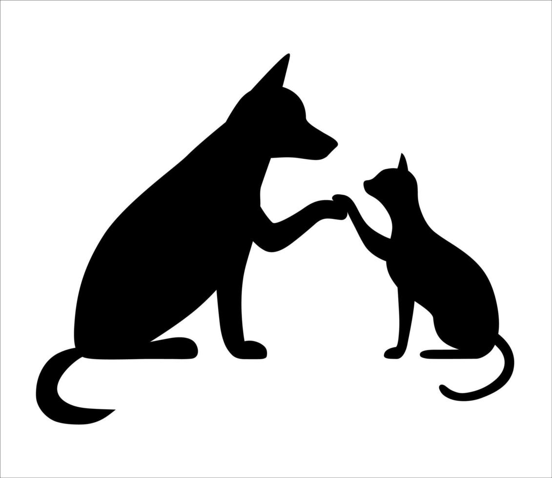 Dog and cat together. Cute dog with cat are best friends, give a five, cartoon pets. Vector illustration for veterinary clinic, shop.
