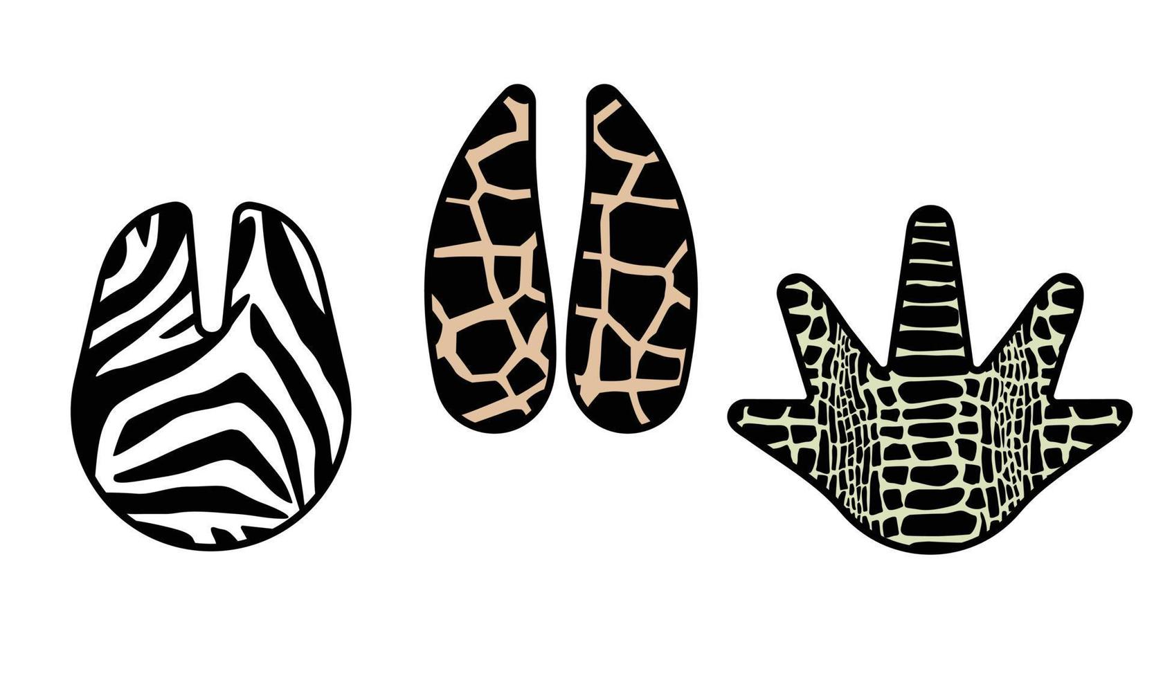 Set of paw print zebra, crocodile and giraffe. Trendy animal print. Fashion vector illustration for print.