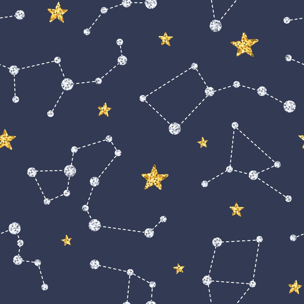 Magic seamless pattern with gold and silver glittering constellations. Star background and zodiac constellations on blue background. vector