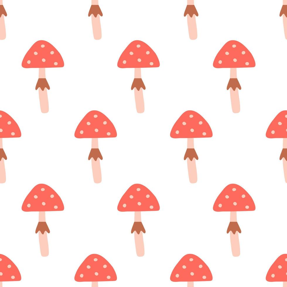 Seamless pattern with hand drawn fly agaric in cartoon style. Flat background with mushrooms. Autumn vector illustration