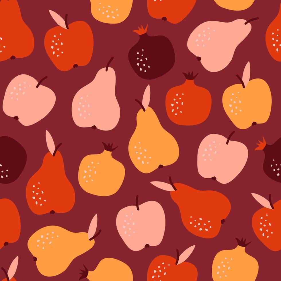 Seamless pattern with hand drawn fruit in cartoon style. Flat background apple, berries, pear and garnet. Autumn vector illustration