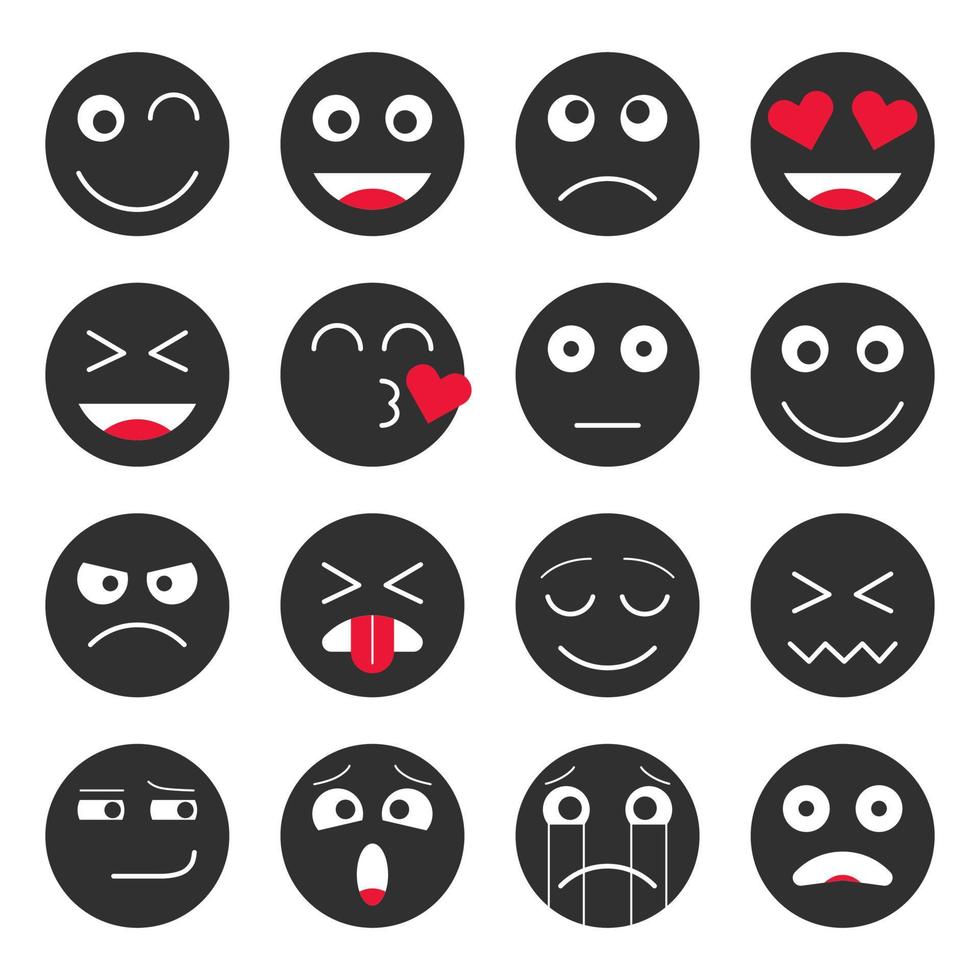 conjunto de pegatinas emoji en color negro. iconos emoji en estilo plano. ilustración vectorial aislada sobre fondo blanco. vector