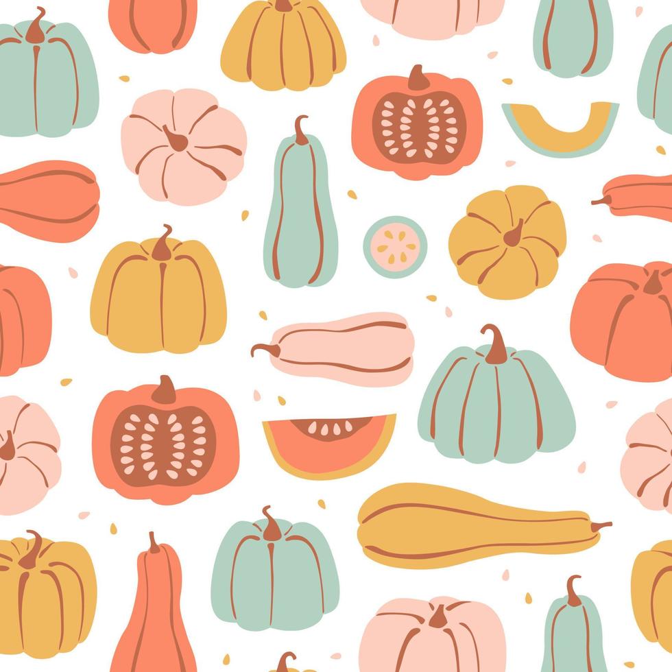 Seamless pattern with hand drawn pumpkin in cartoon style. Flat pastel background of pumpkins, squash and seeds. Autumn texture for thanksgiving, harvest and halloween. Vector Illustration