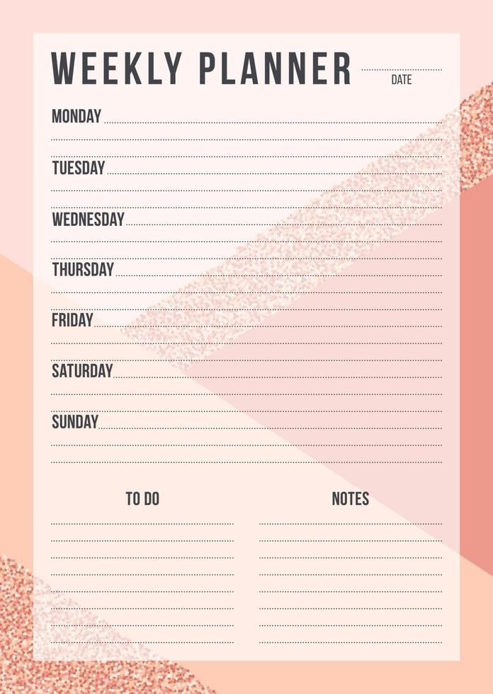 Fashion weekly planning template with place for thing and date on geometric background. Blank weekly planner with notes in pink and glitter color. Stylish organizer design. Vector illustration