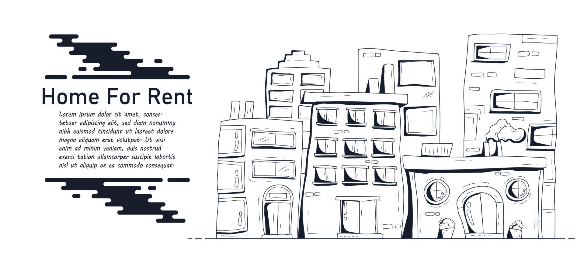 Outline of cartoon home, Hand drawn home design for rent, Vector illustration.