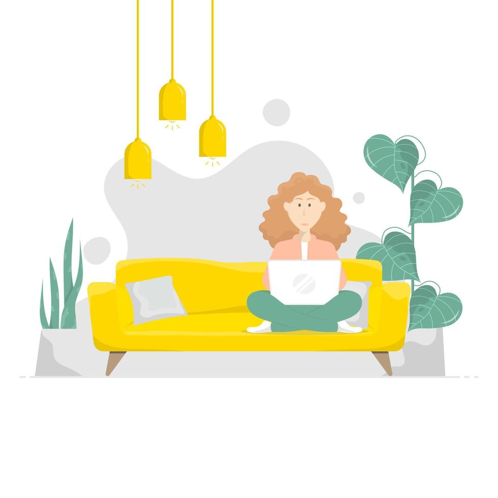 Woman with laptop sitting on long sofa, Simple living room design, Digital marketing illustration. vector