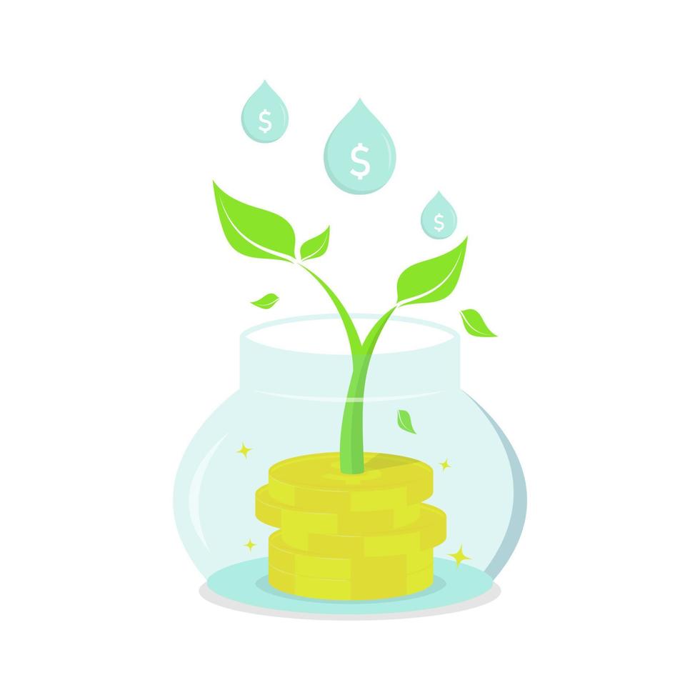 Pile coin with young grow plant, glass and water drop, Savings from work concept, Digital marketing illustration. vector