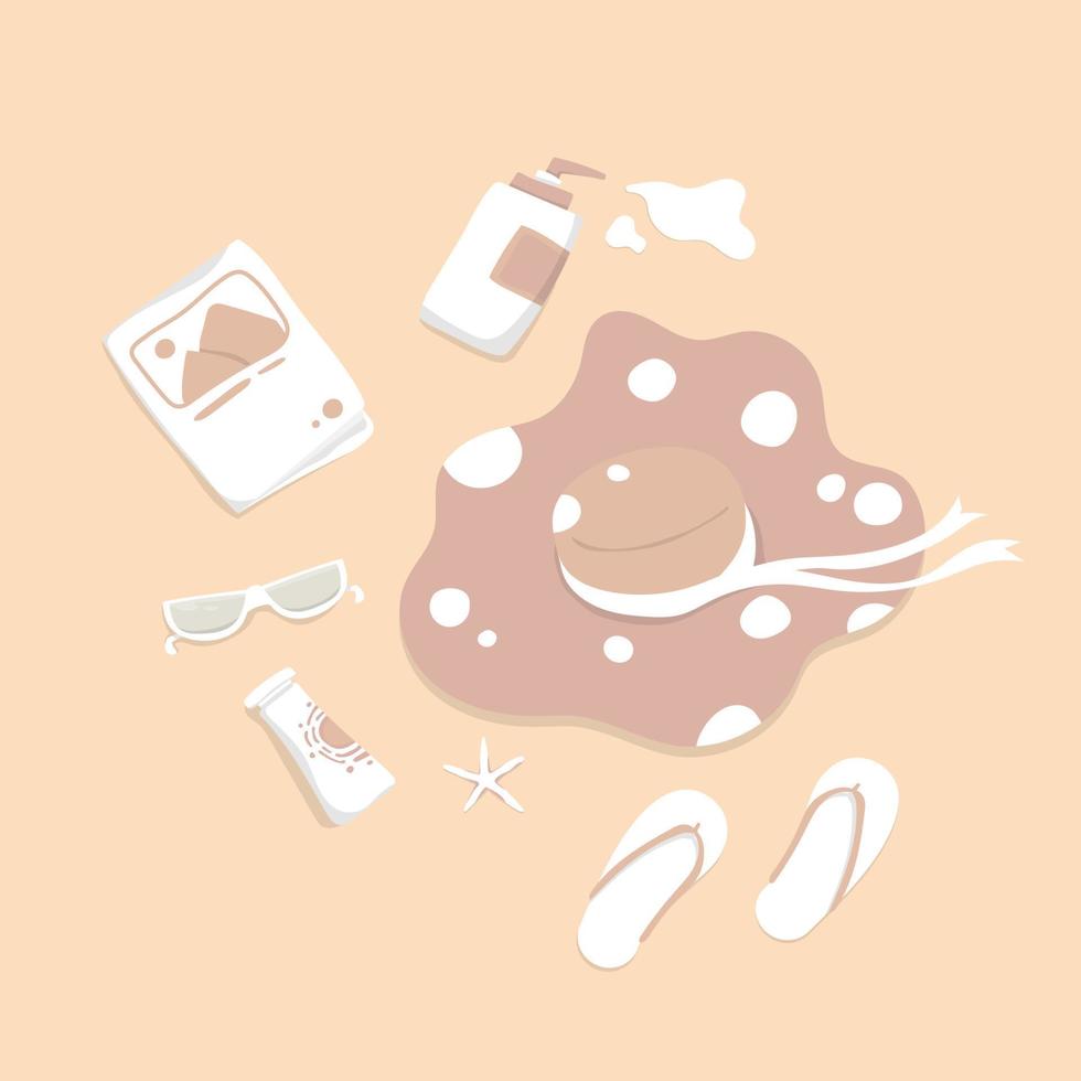 Hand drawn equipment of travel summer set design with hat, lotion cream, shoe and glasses, Vector illustration.
