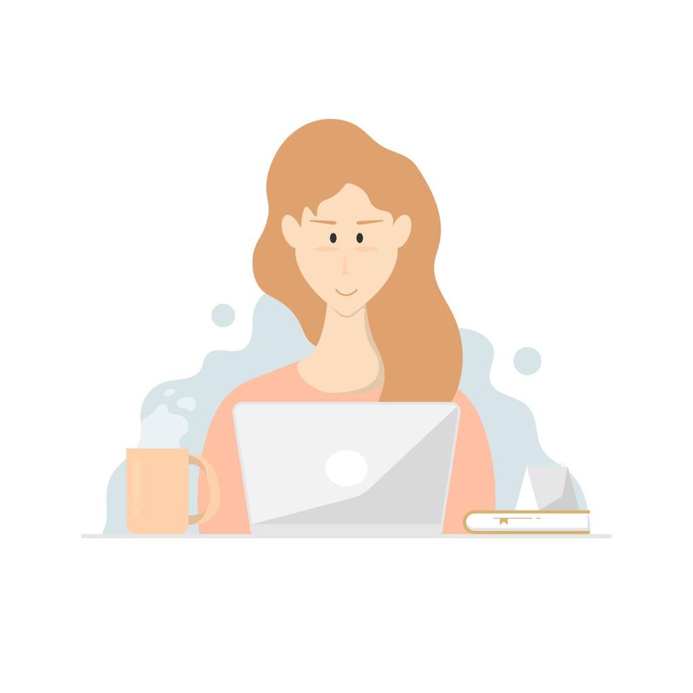 diseño sonriente de mujer de dibujos animados, mujer usando una computadora portátil en el escritorio, ilustración de marketing digital. vector