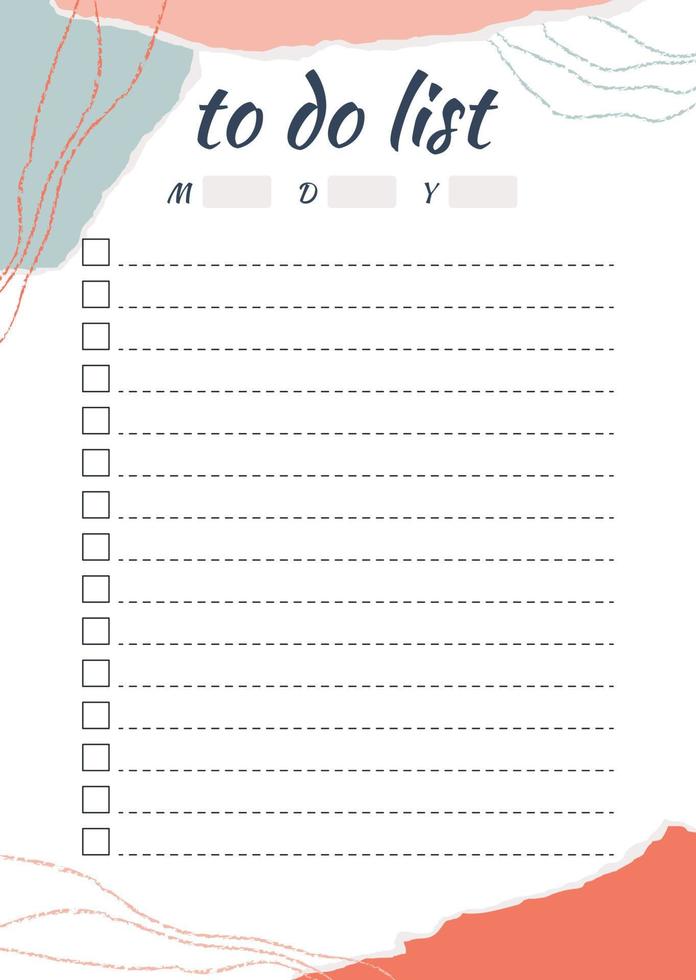 Abstract To Do List template with pieces of torn paper and chalk line. Blank weekly planner with notes in pastel colors. Minimal organizer design. Vector illustration