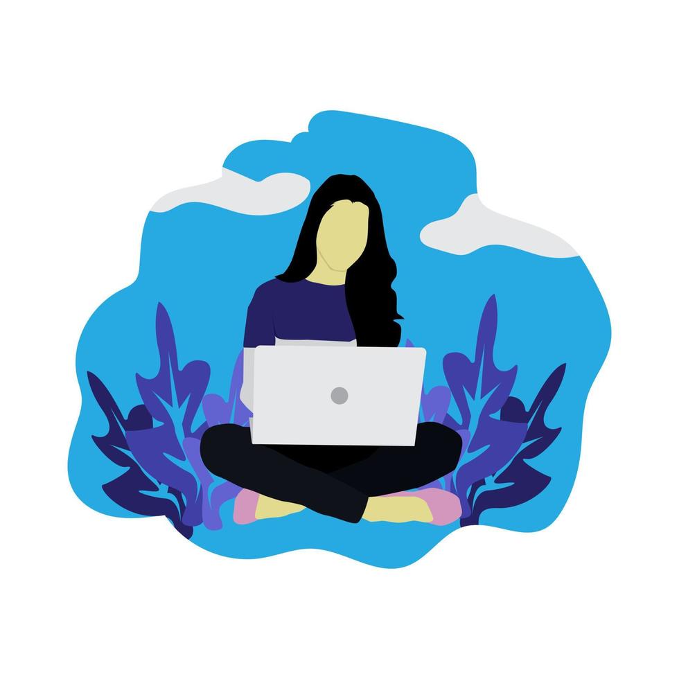 chica sentada en el suelo y trabajando con una laptop en las redes sociales. diseño plano. vector