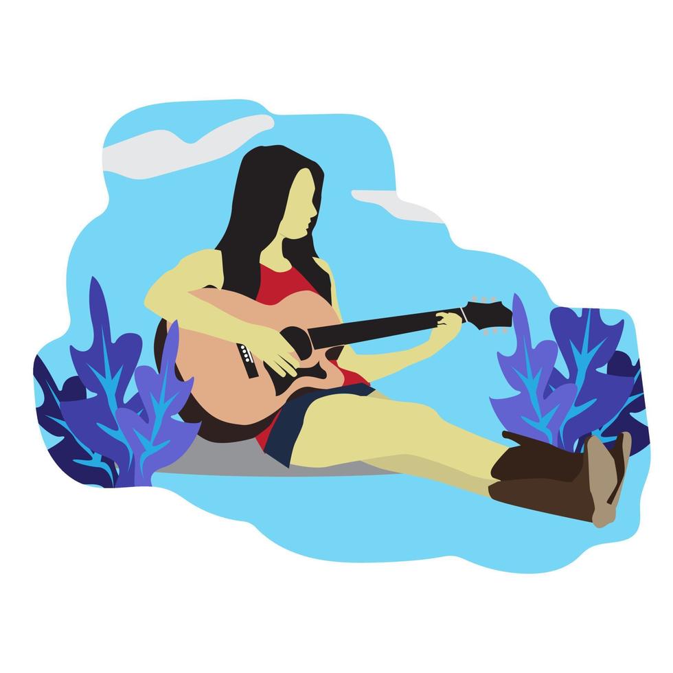 músico sentado con la guitarra en las manos. mujer joven tocando la guitarra acústica. diseño plano vector