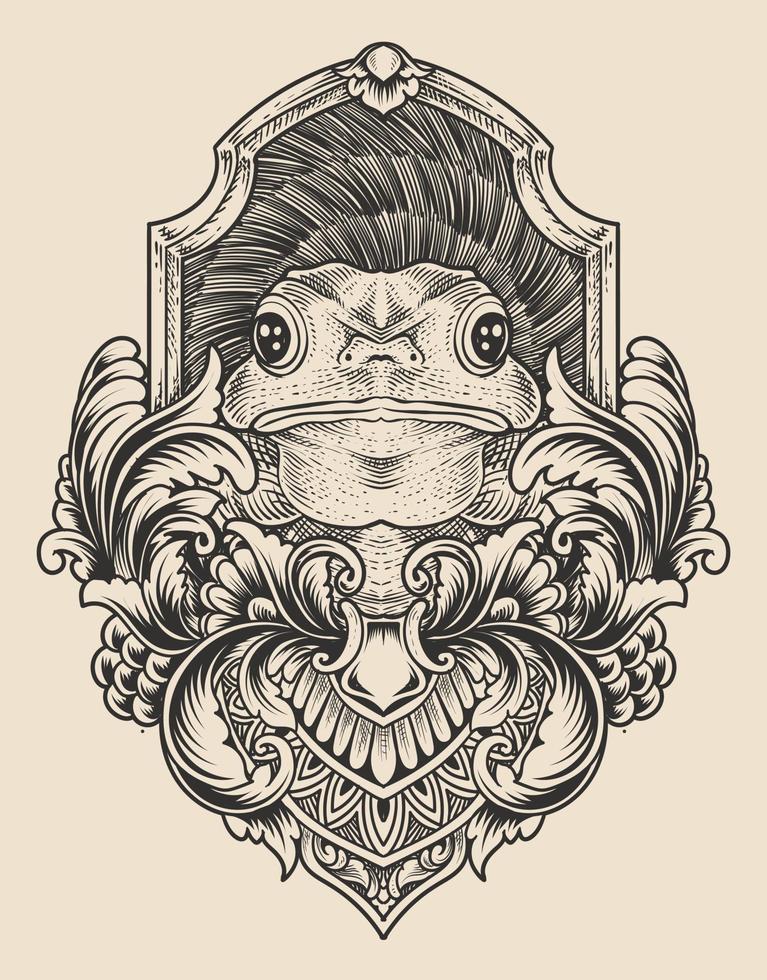 illustration vintage frog with engraving style vector