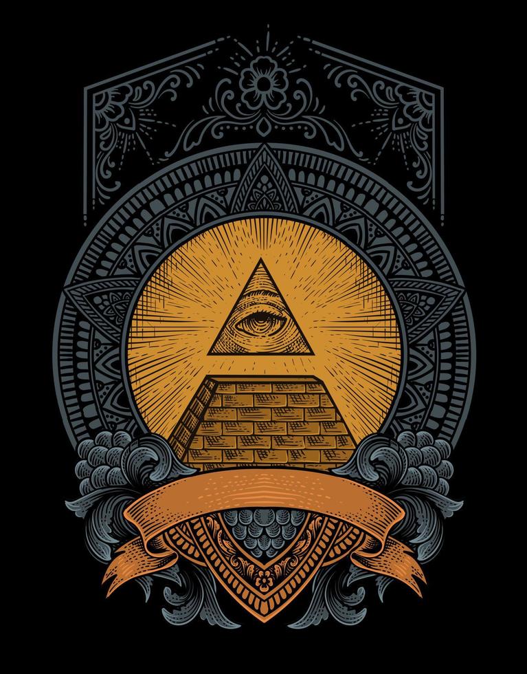 Ilustración de la pirámide illuminati con estilo de grabado vector