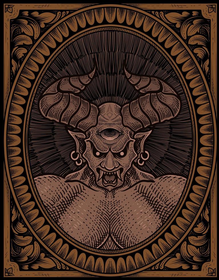 illustration badass demon with Engraving ornament vector