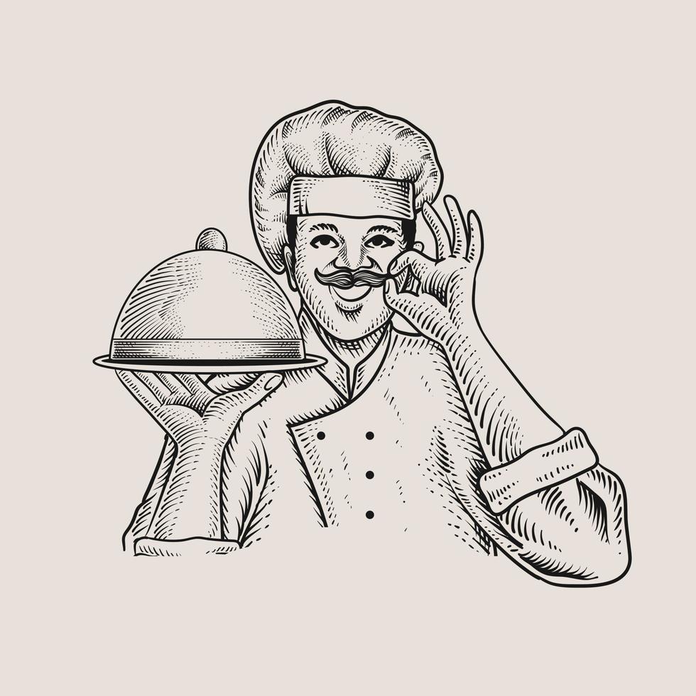 illustration chef with engraving style vector