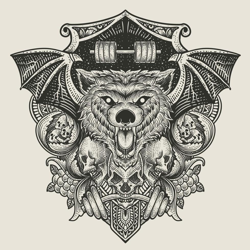 ilustración cabeza de lobo baddas con calavera con adorno grabado vector