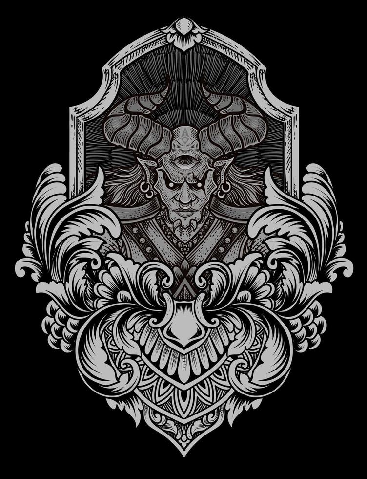 illustration badass demon with Engraving ornament vector