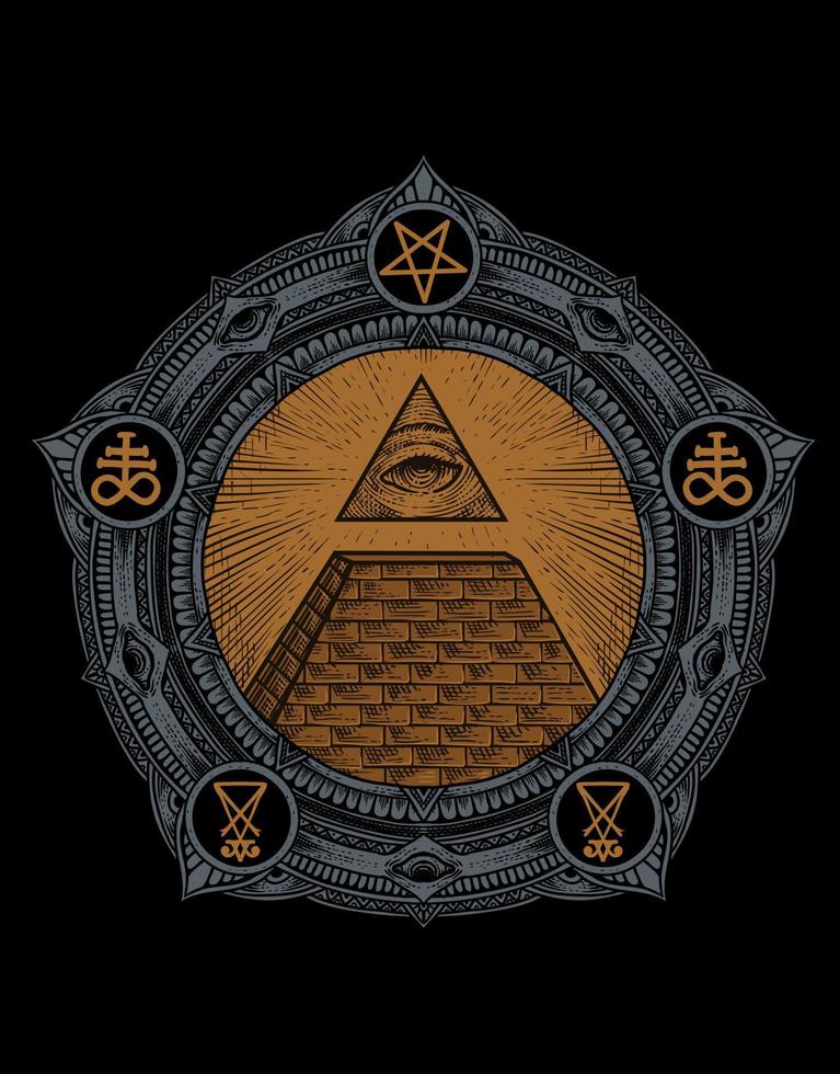 Illustration illuminati pyramid on circle mandala engraving style vector