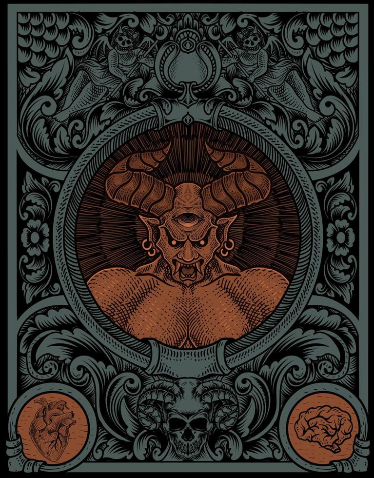 illustration badass demon with Engraving ornament vector