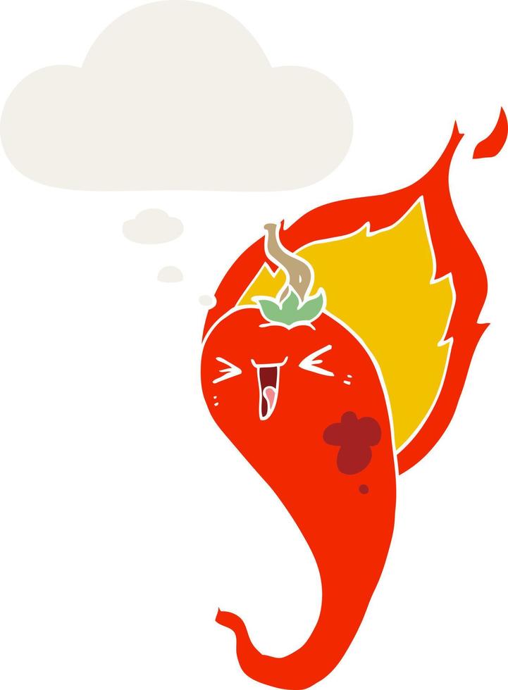 cartoon flaming hot chili pepper and thought bubble in retro style vector