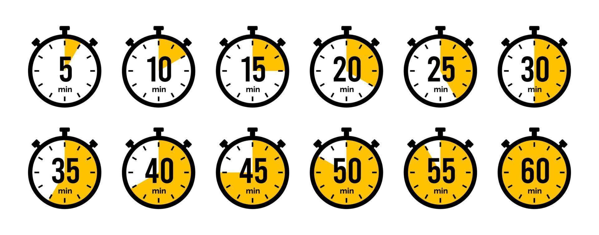 Timer icon collection. Set of timer Stopwatch icons. Countdown from 0 to 60 seconds. vector