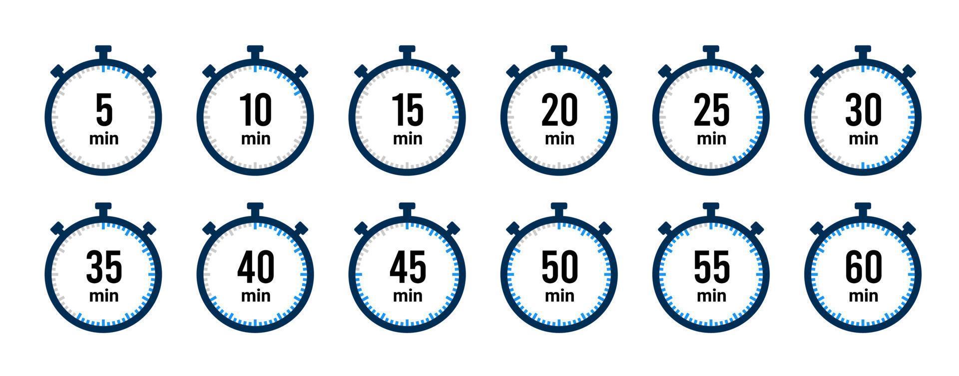 Timer icon collection. Set of timer Stopwatch icons. Countdown from 0 to 60 seconds. vector