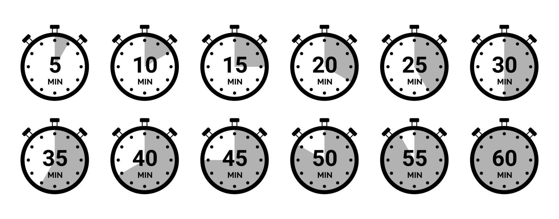 Timer icon collection. Set of timer Stopwatch icons. Countdown from 0 to 60 seconds. vector